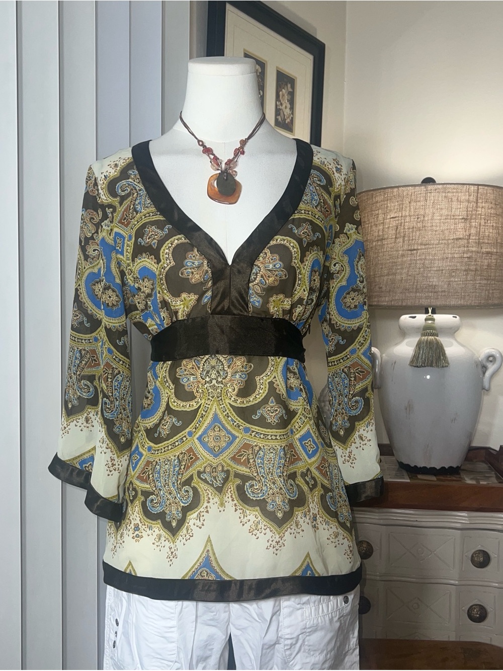 Nicole Miller Flare Sleeve Paisley V-Neck Blouse